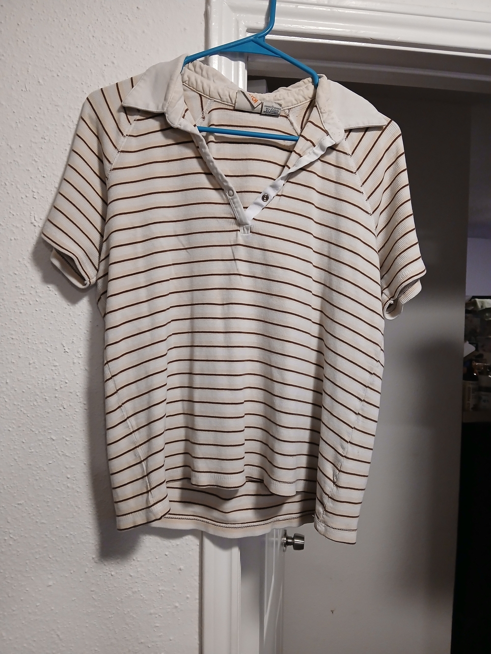 Faded Glory Stretch Women's Short-Sleeve Top in Cream with Brown Stripes
